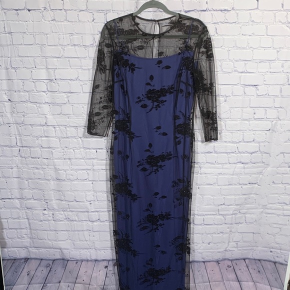 Reggio Womens VTG Maxi Lace Overlay Dress Black Blue Size 12 Whimsigoth Floral - Picture 1 of 7